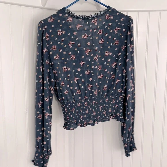 Self Esteem V-Neck Blouse with Crochet Trim and Smocked at hem and Sleeves - Picture 5 of 7